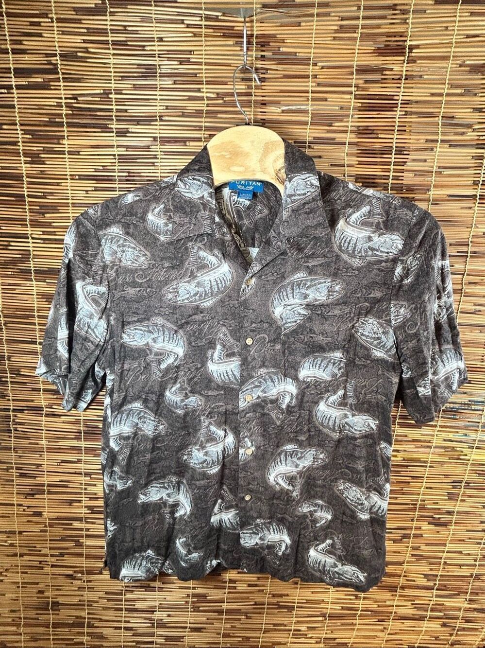 Puritan Size Large Fish Print Button Down Short Sleeve Shirt